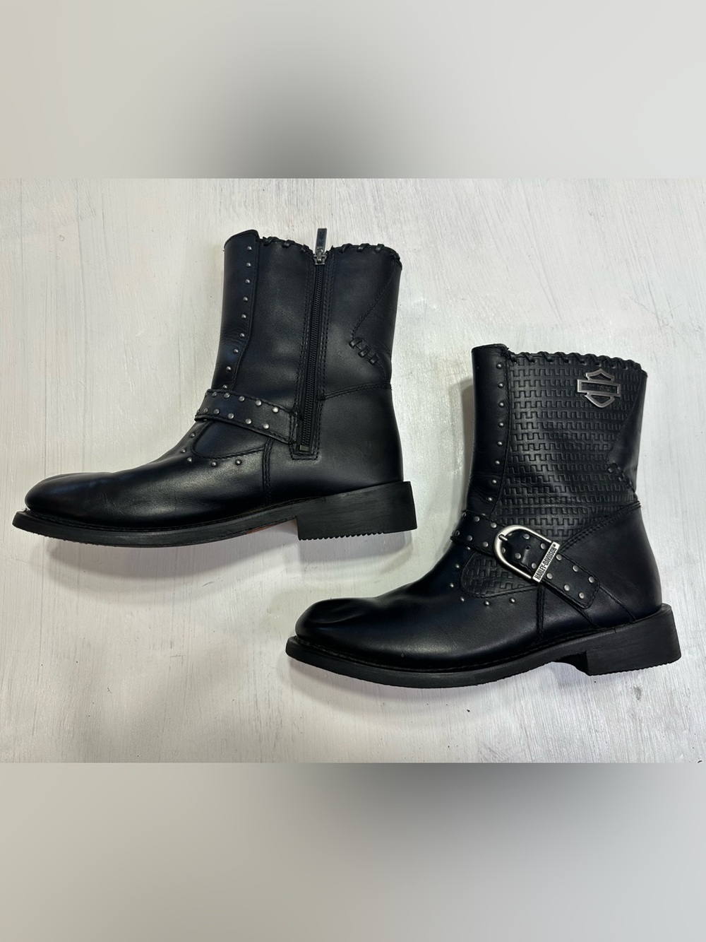 Harley-Davidson Abbie Black Leather Studded Moto Boots Women’s US 10M Biker - Picture 6 of 16